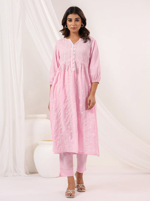 Janasya Women's Pink Pure Cotton Embroidered A line Kurta Pant Set